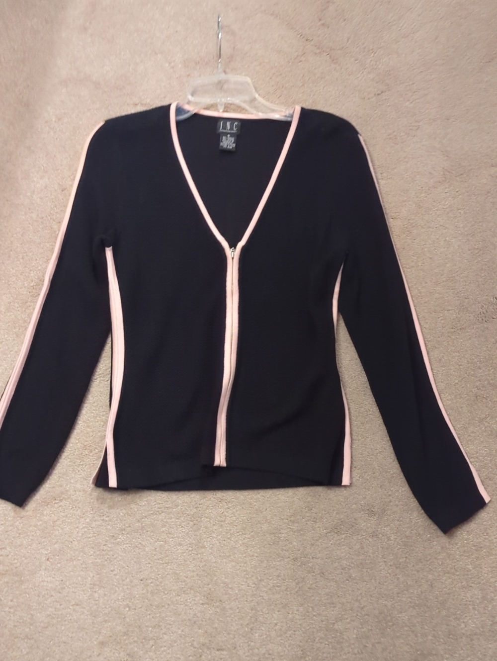 INC International Concepts Black V-Neck Zip Cardigan with Pink Trim